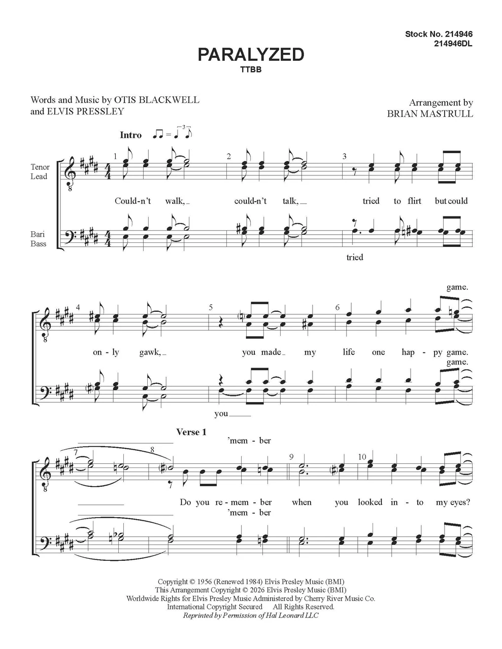 Paralyzed (TTBB) (arr. Mastrull)