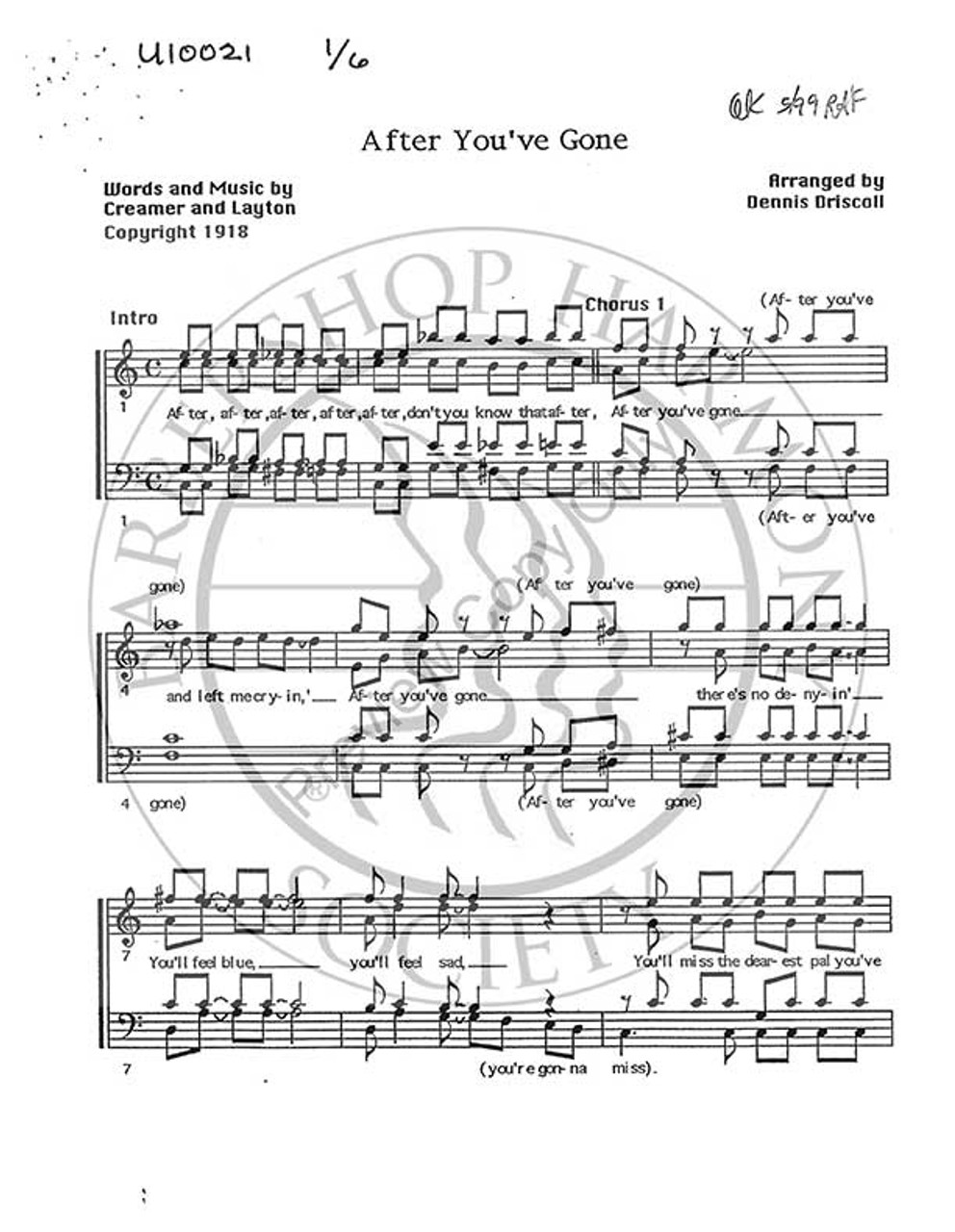 After You've Gone 2 (TTBB) (arr. Dennis Driscoll)-UNPUB