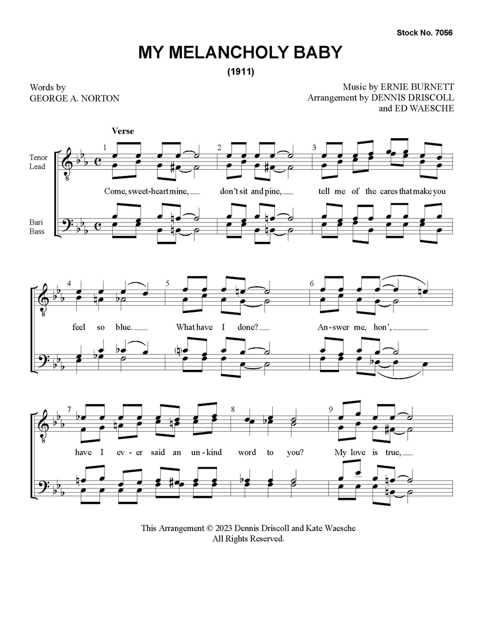 My Melancholy Baby (TTBB) (arr. Driscoll/Waesche)