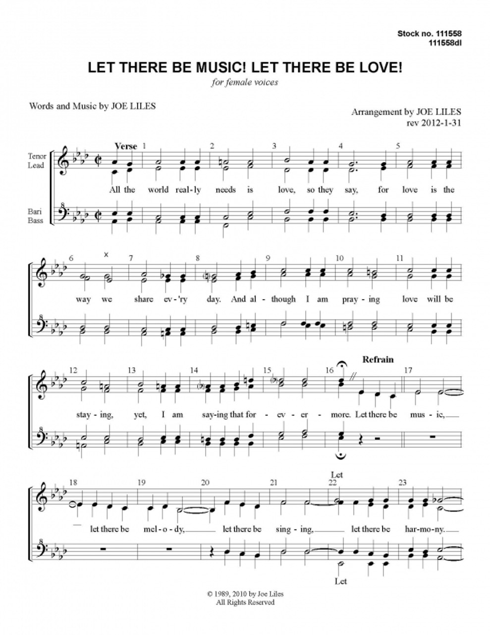 Let There Be Music! Let There Be Love! (SSAA) (arr. Joe Liles)-UNPUB