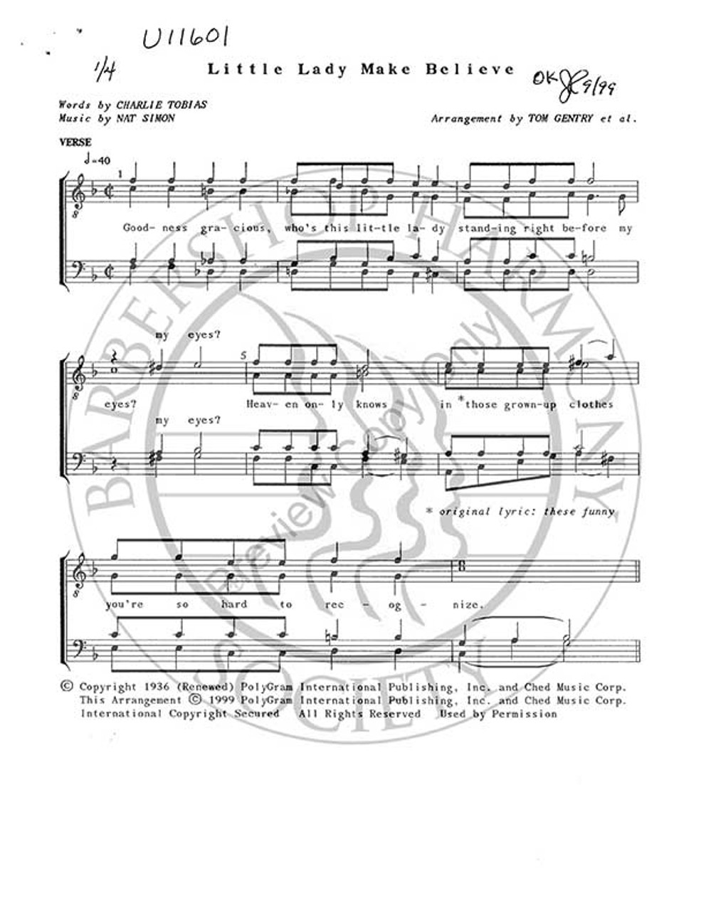 Little Lady Make Believe (TTBB) (arr. Tom Gentry)-UNPUB