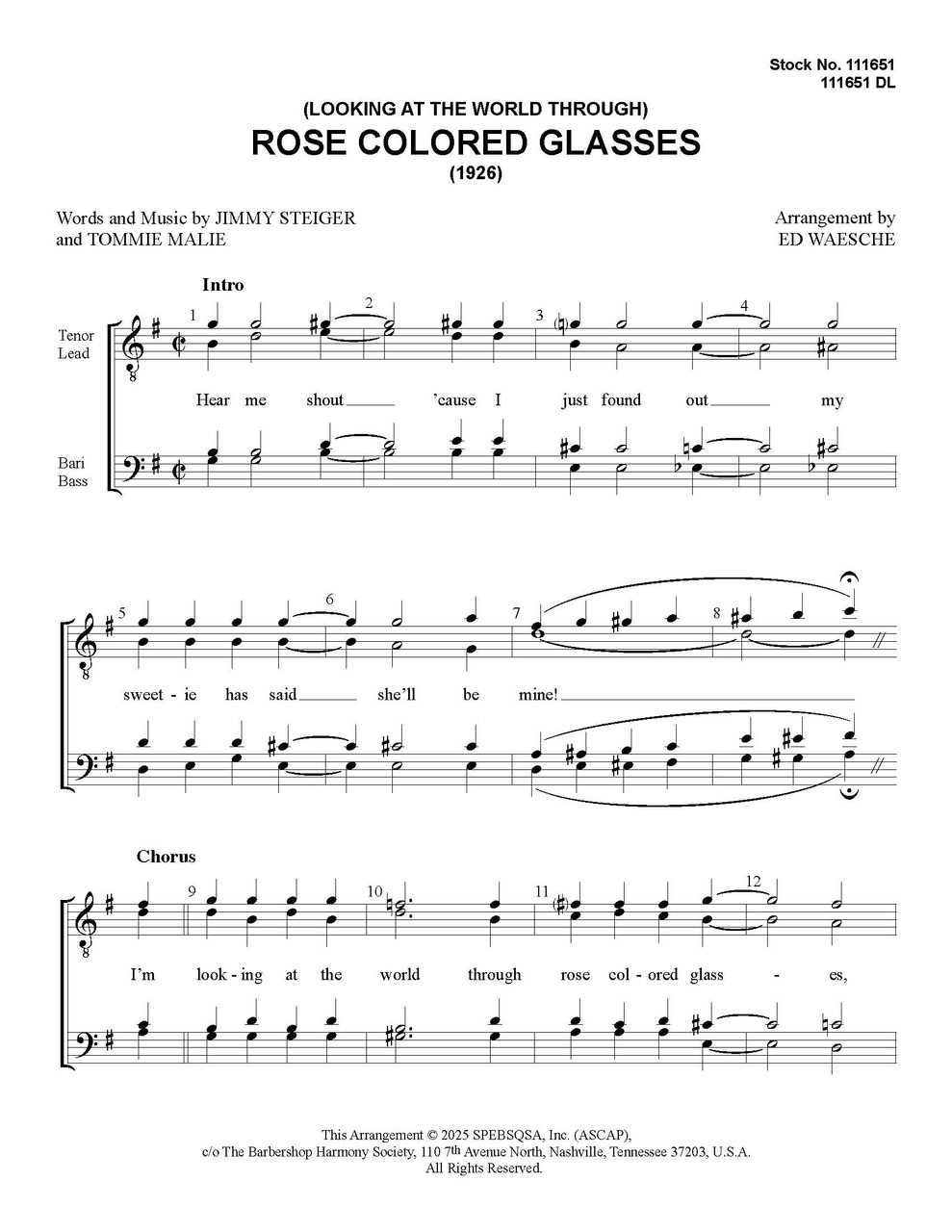 (Looking At The World Through) Rose Colored Glasses (TTBB) (arr. Waesche)