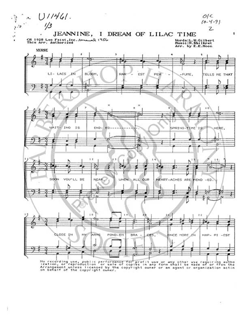 Jeannine I Dream Of Lilac Time (TTBB) (arr. Earl Moon)-UNPUB