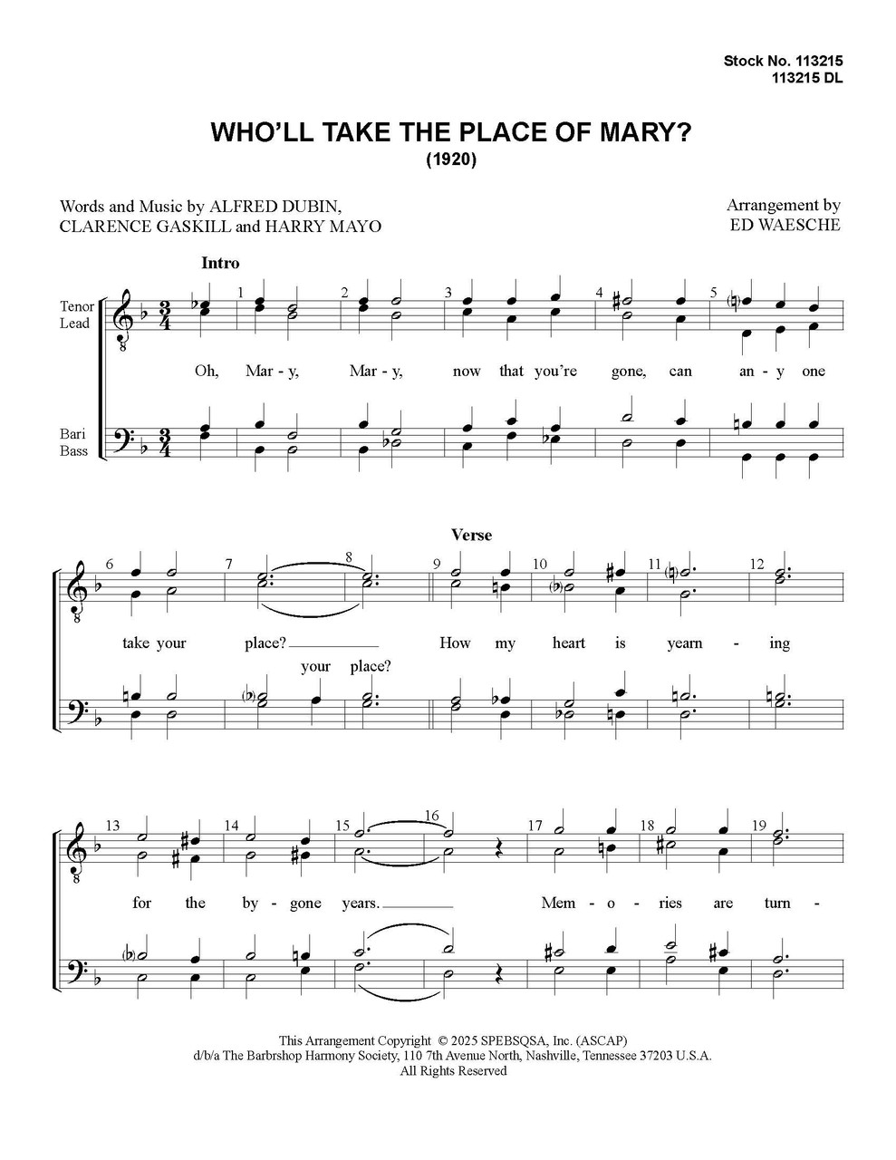 Who'll Take The Place Of Mary (TTBB) (arr. Waesche)