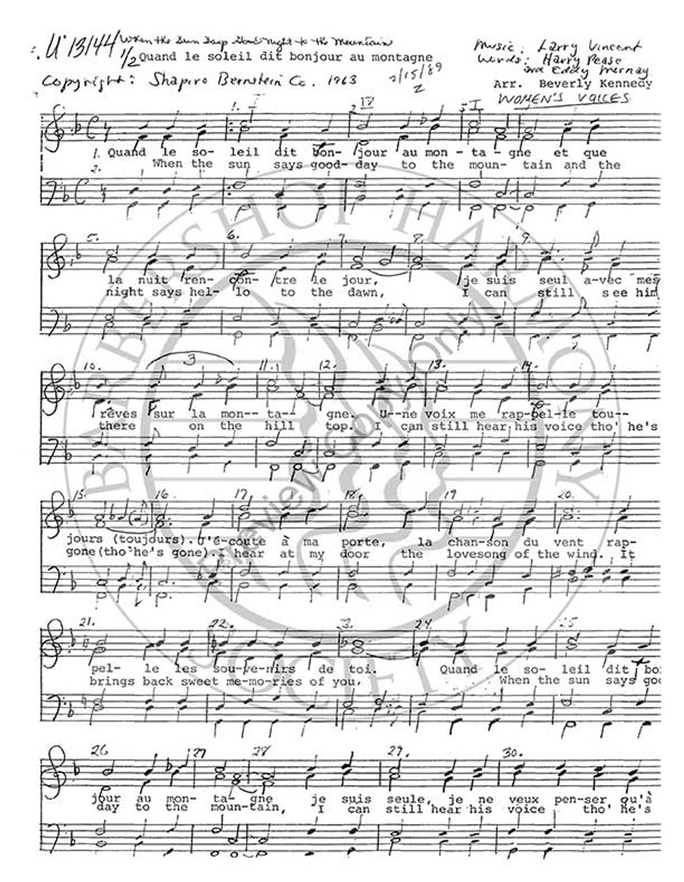 When The Sun Says Good Night To The Mountain (SSAA) (arr. Beverly Kennedy)-UNPUB