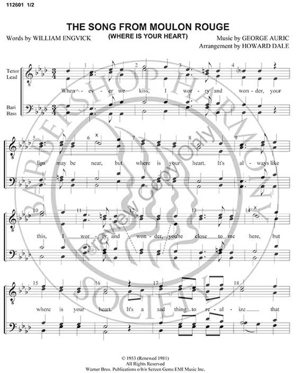 Song from Moulin Rouge (TTBB) (arr. Howard Dale)-UNPUB
