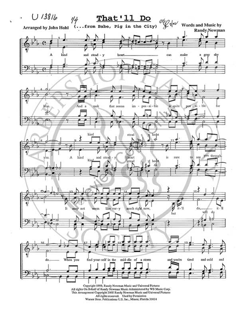 That'll Do (TTBB) (arr. John Hohl)-UNPUB