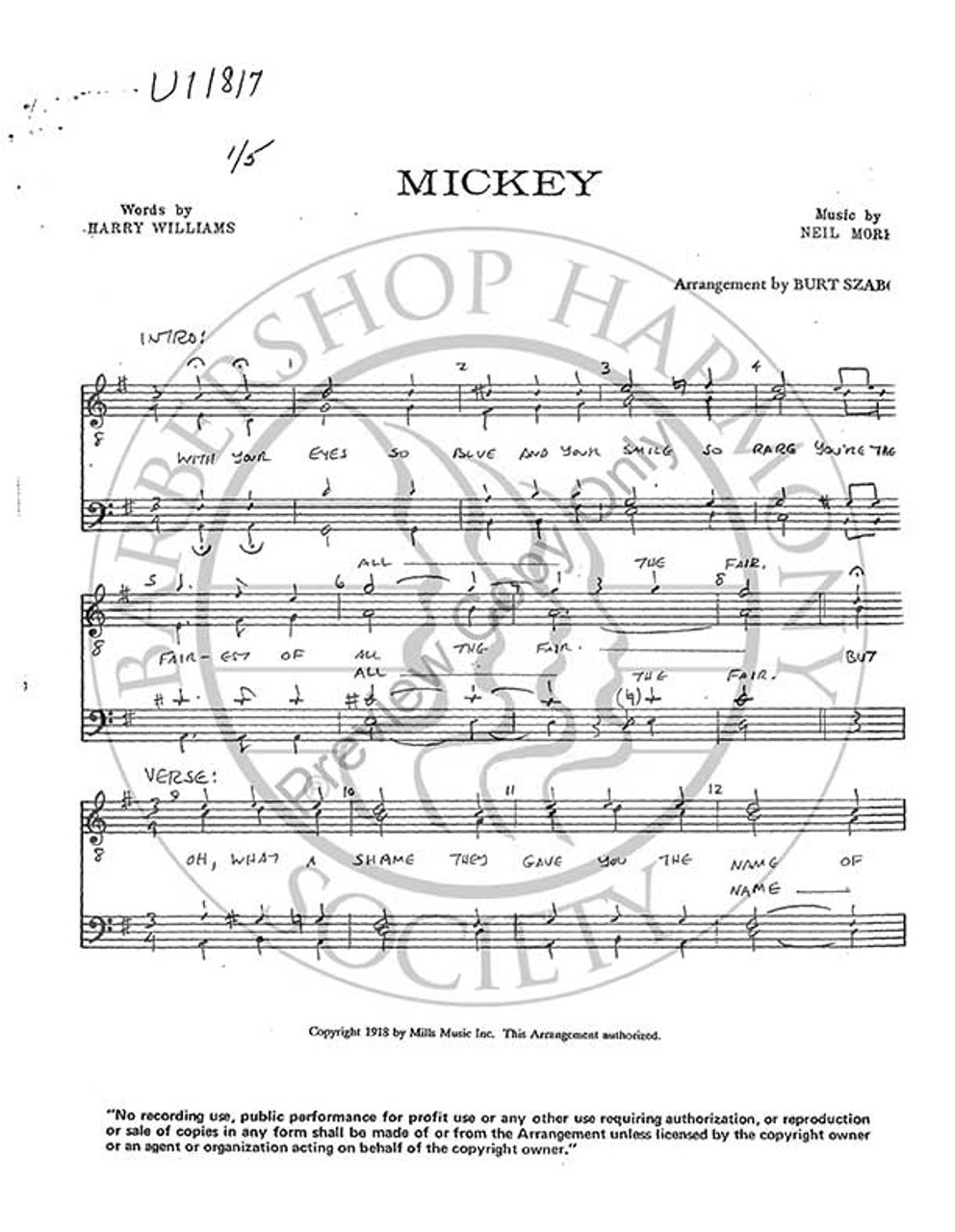 Mickey 1 (TTBB) (arr. Burt Szabo)-UNPUB