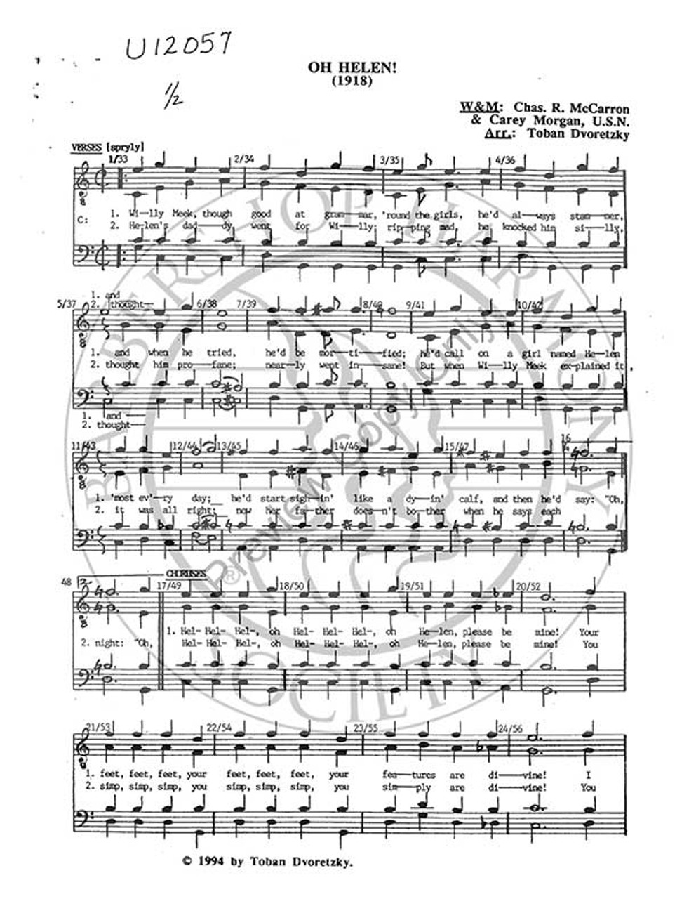 Oh, Helen! (TTBB) (arr. Toban Dvoretsky)-UNPUB