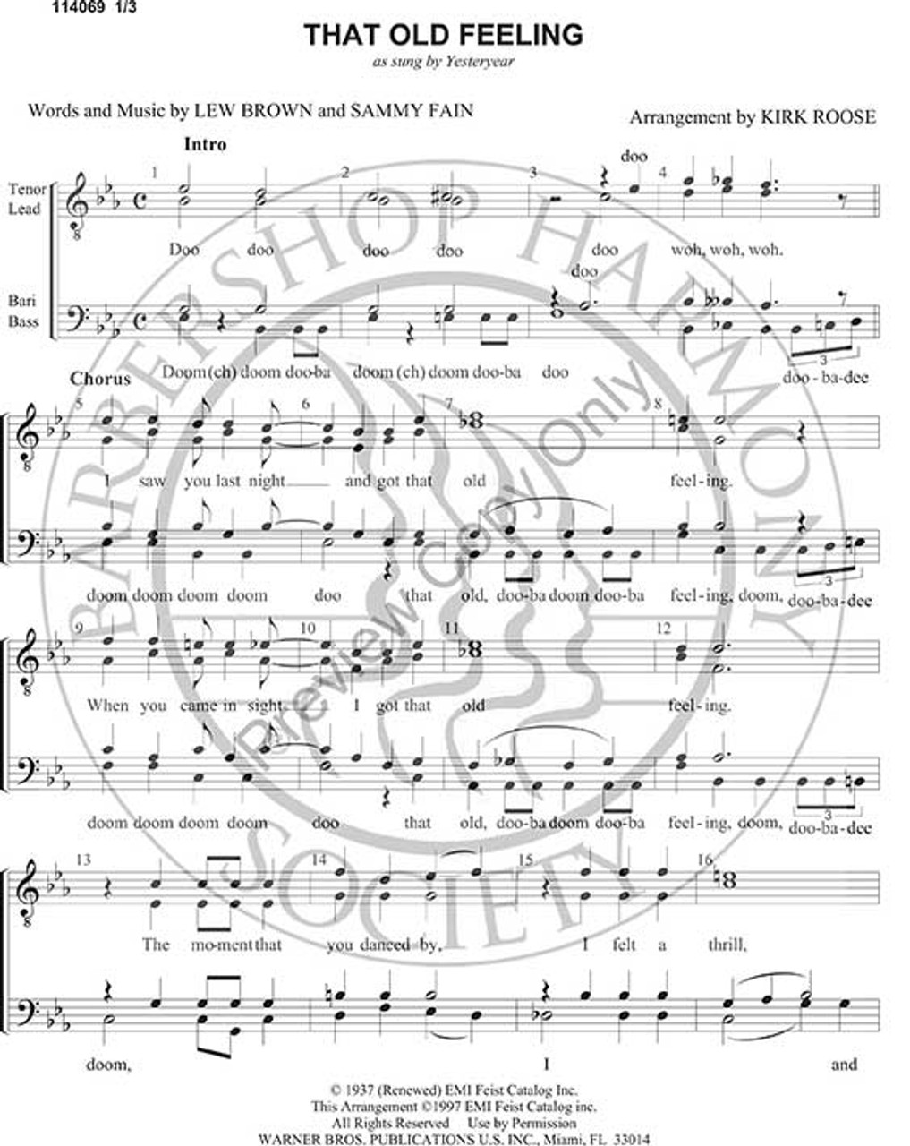 That Old Feeling (TTBB) (arr. Kirk Roose)-UNPUB