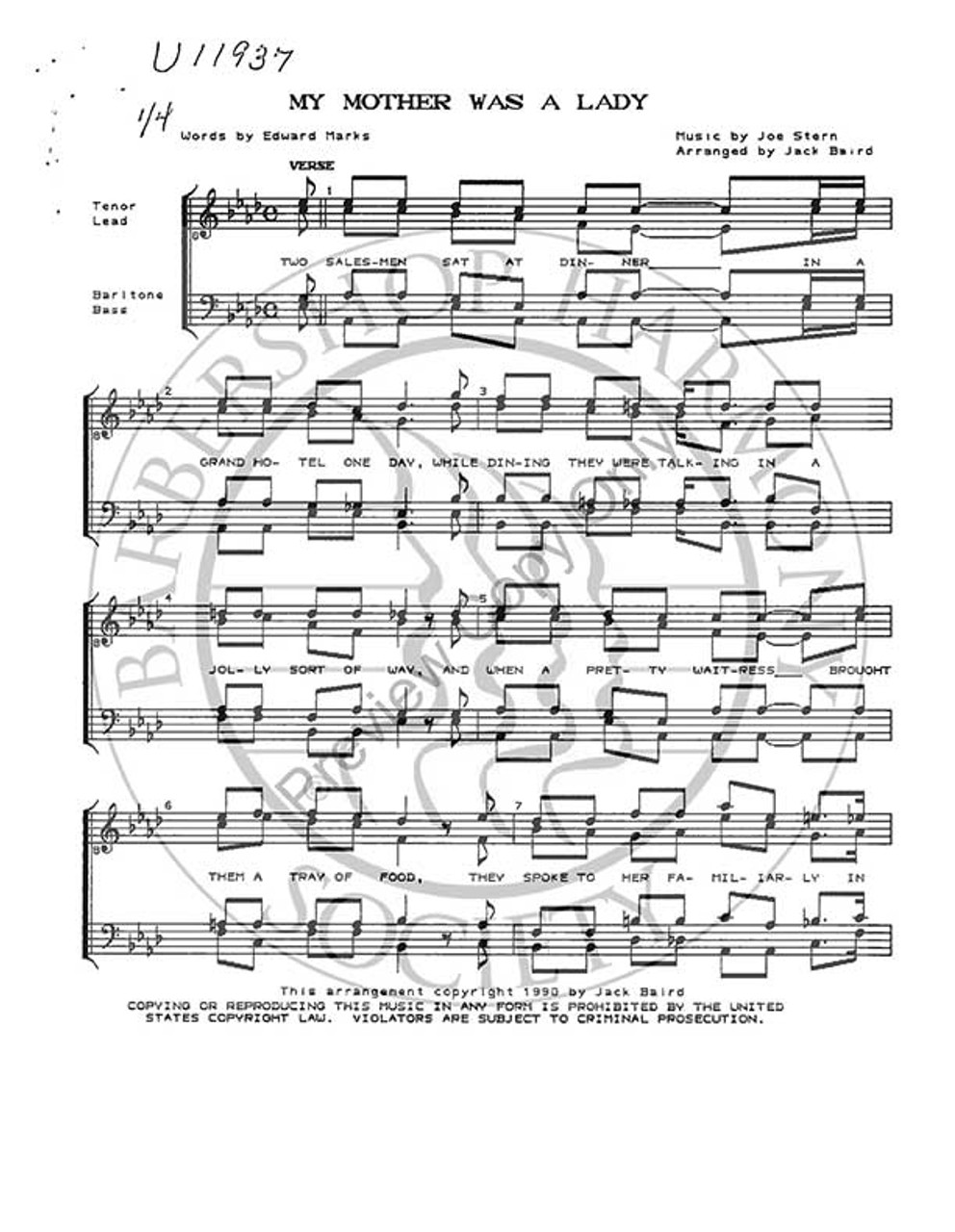 My Mother Was A Lady (TTBB) (arr. Jack Baird)-UNPUB