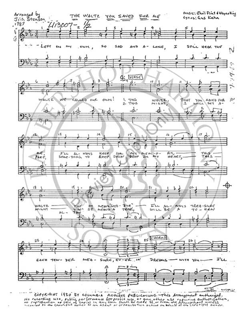 Waltz You Saved For Me (TTBB) (arr. Jim Stenson)-UNPUB