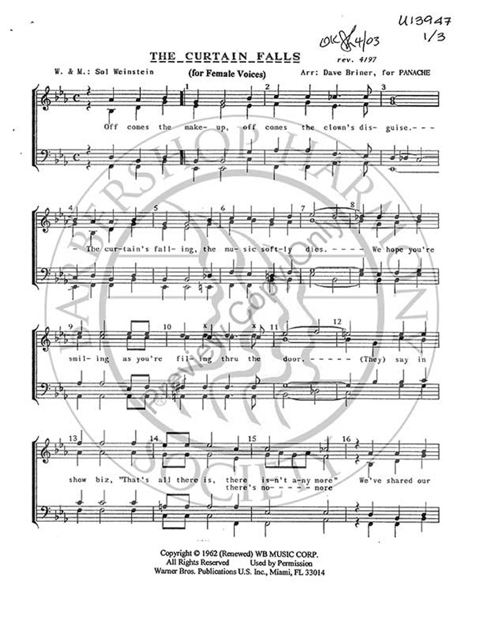 The Curtain Falls (SSAA) (arr. Dave Briner)-UNPUB