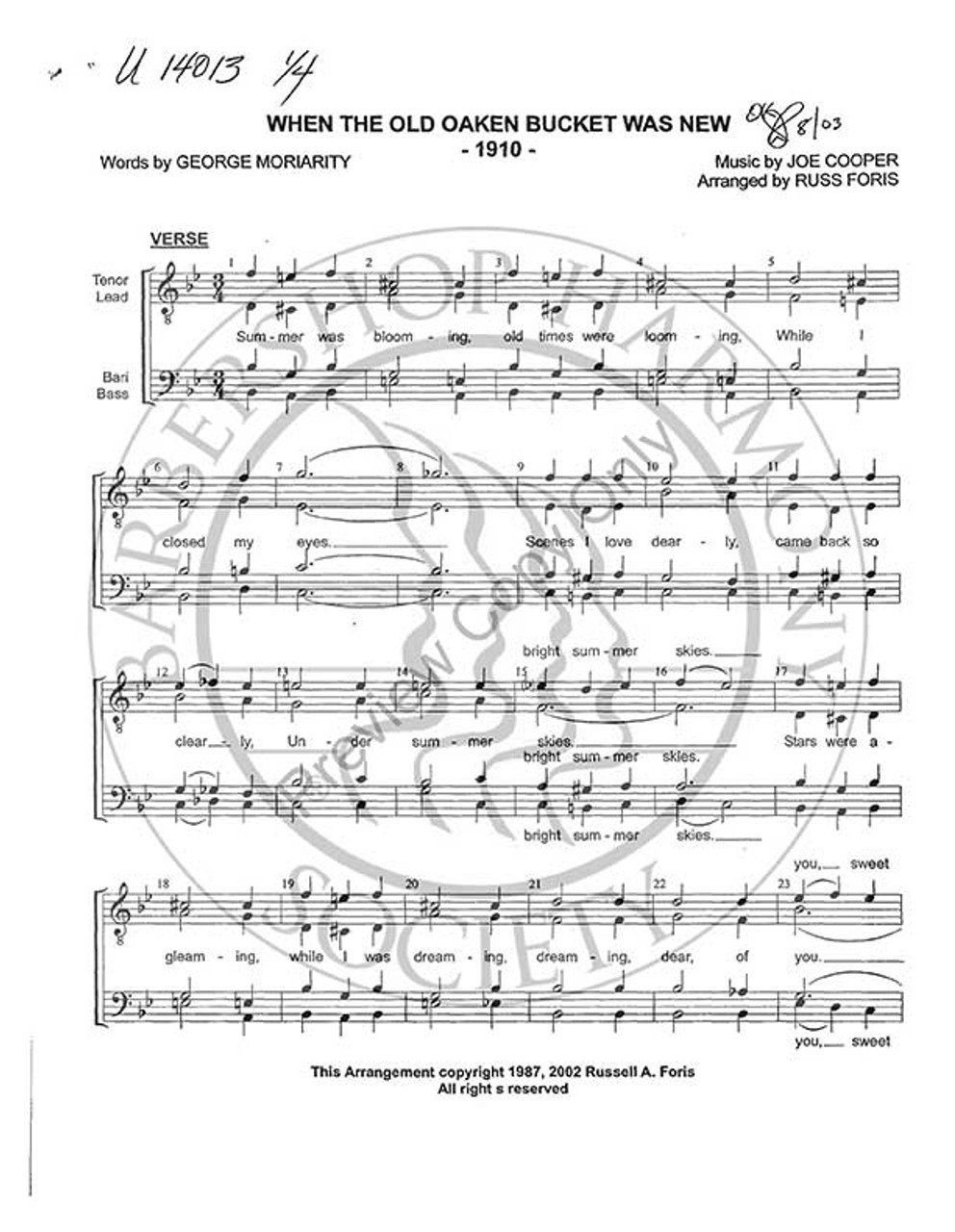 When The Old Oaken Bucket Was New (TTBB) (arr. Russ Foris)-UNPUB