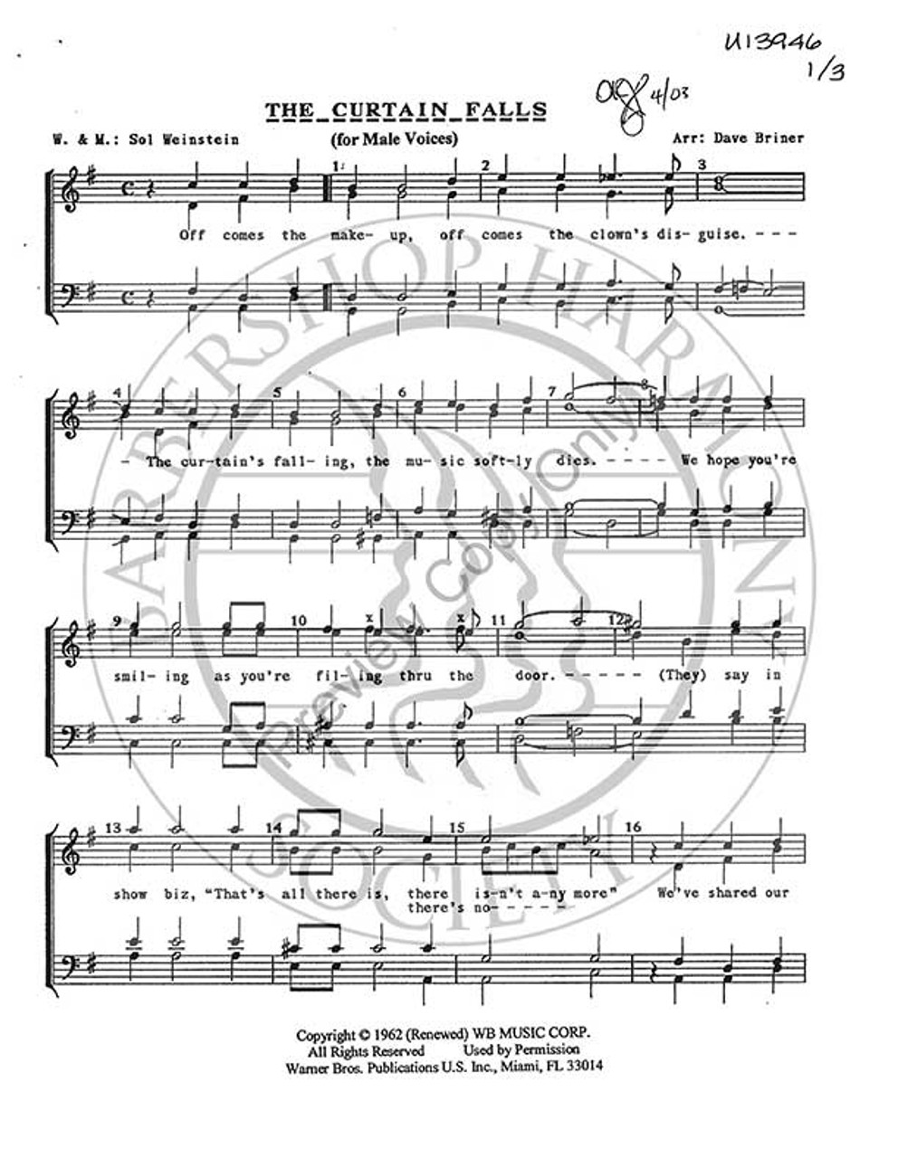 The Curtain Falls (TTBB) (arr. Dave Briner)-UNPUB