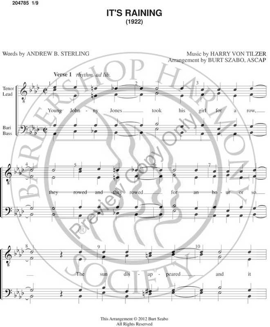 It's Raining (TTBB) (arr. Burt Szabo)-UNPUB