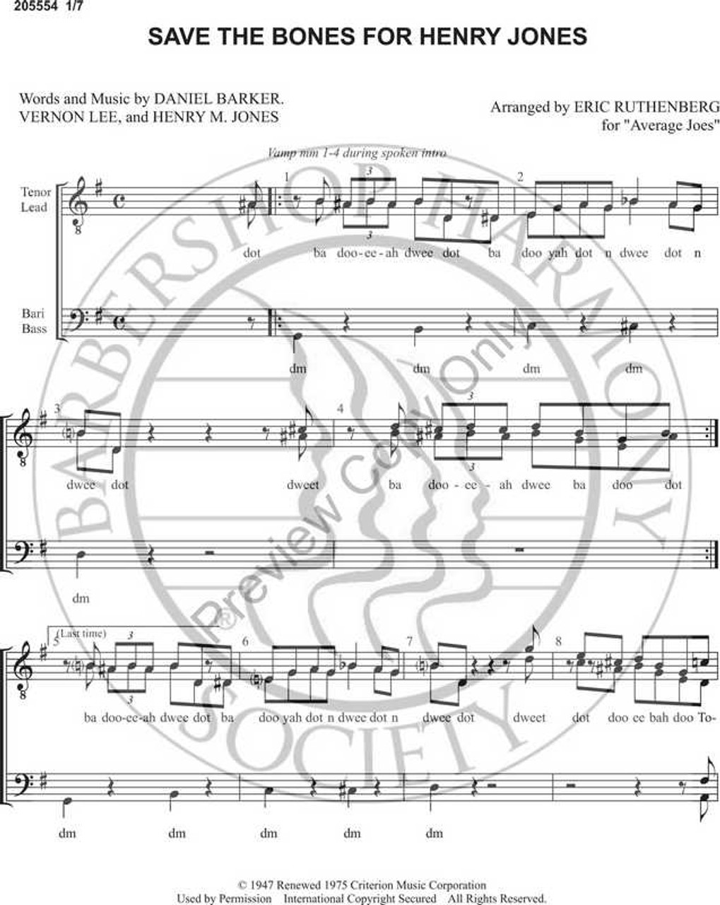 Save The Bones For Henry Jones 1 (TTBB) (arr. Eric Ruthenberg)-UNPUB