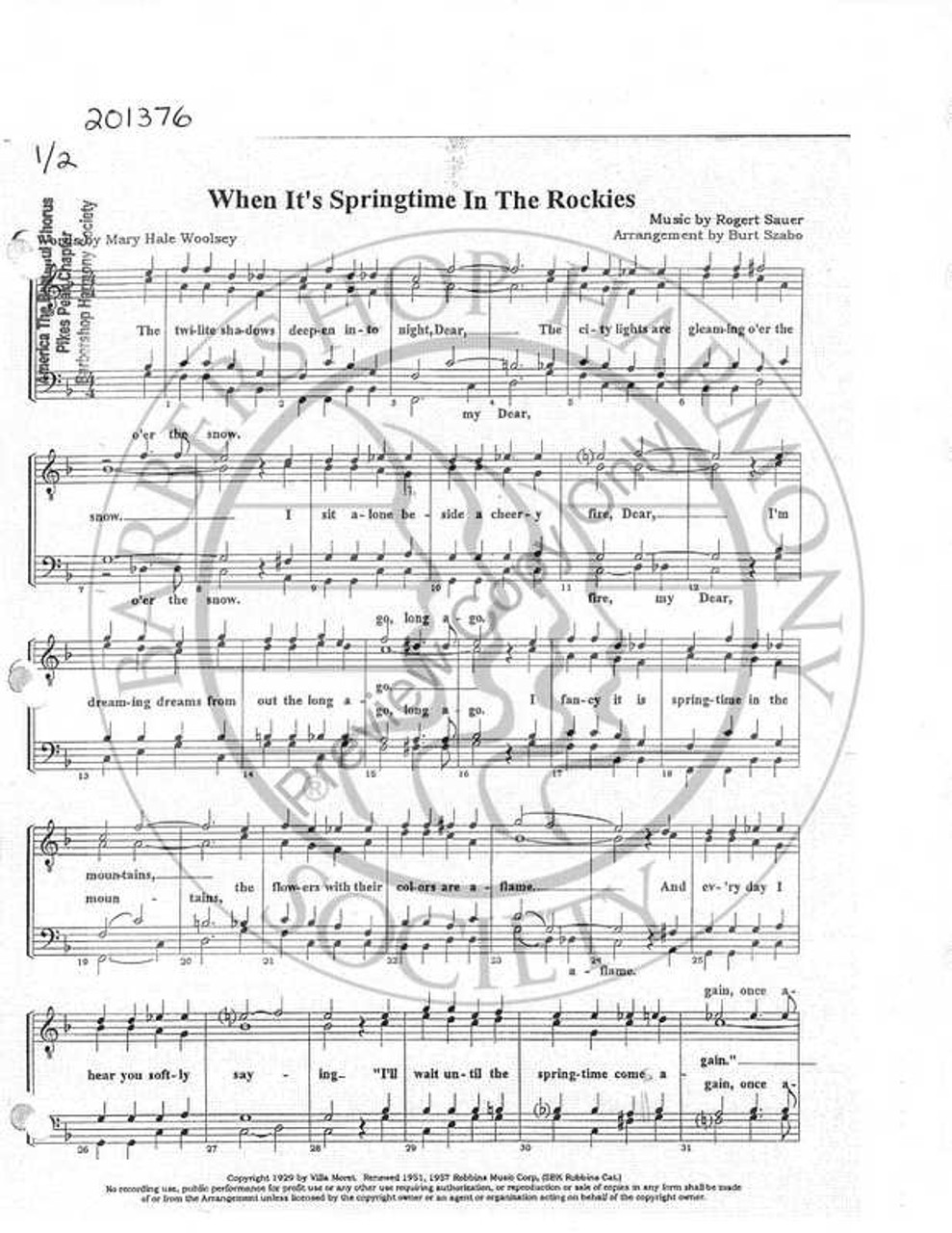 When It's Springtime In The Rockies 3 (TTBB) (arr. Burt Szabo)-UNPUB