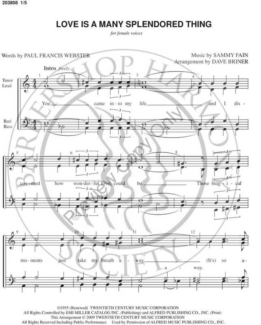 Love Is A Many Splendored Thing (SSAA) (arr. Dave Briner)-UNPUB
