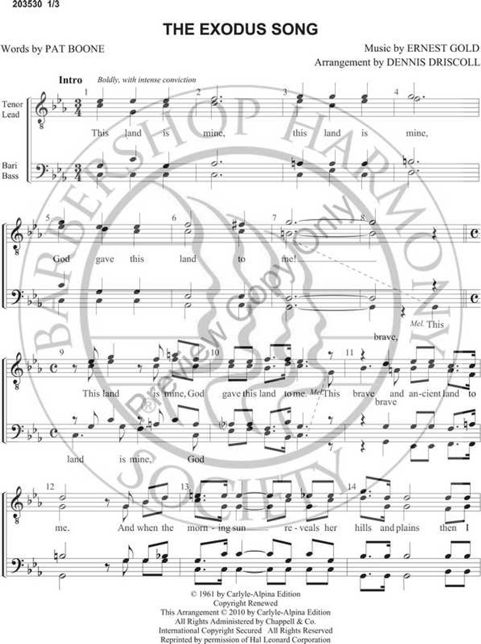 The Exodus Song (TTBB) (arr. Dennis Driscoll)-UNPUB