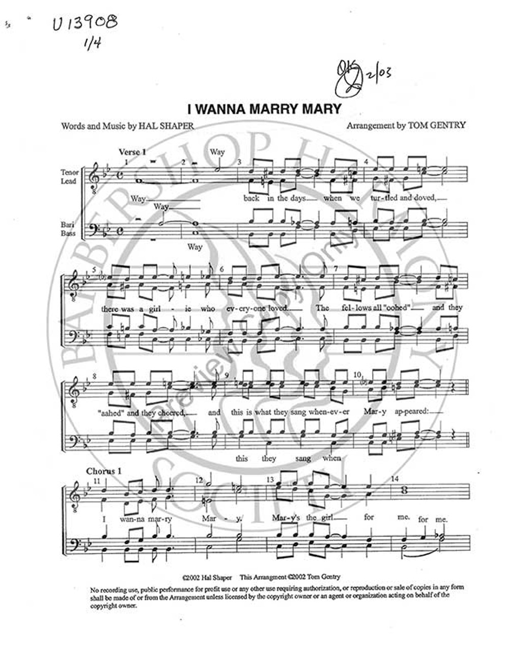 I Wanna Marry Mary (TTBB) (arr. Tom Gentry)-UNPUB