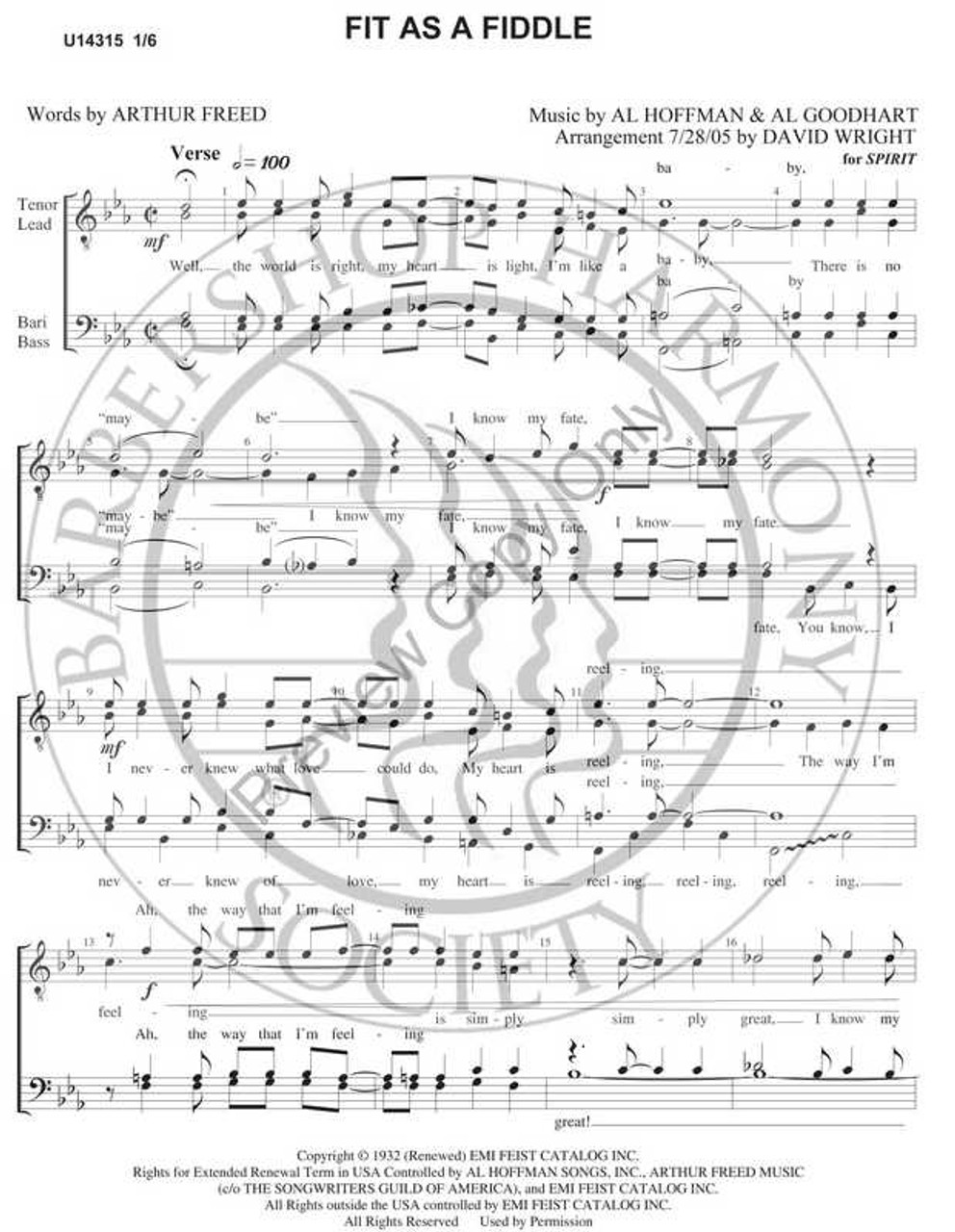 Fit As A Fiddle 1 (TTBB) (arr. David Wright)-UNPUB