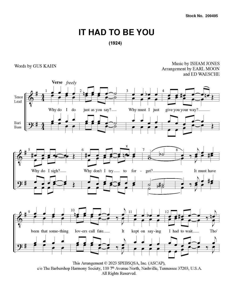 It Had To Be You (TTBB) (arr. Earl Moon & Ed Waesche)