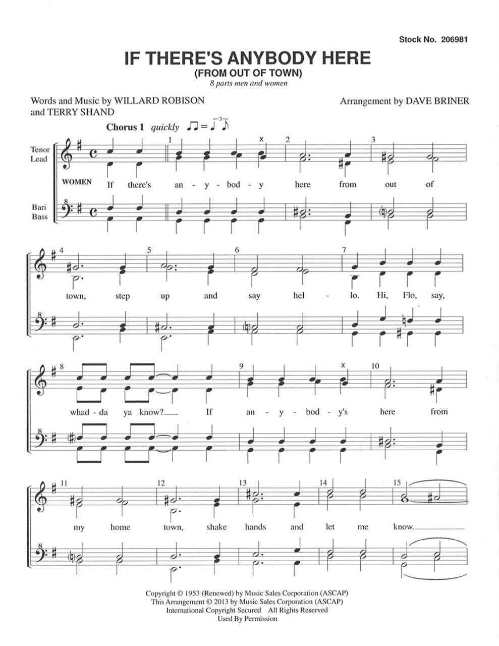 If There's Anybody Here (from Out of Town)(SATB-8 Part/Double Quartet) (arr. Briner) - Special Order