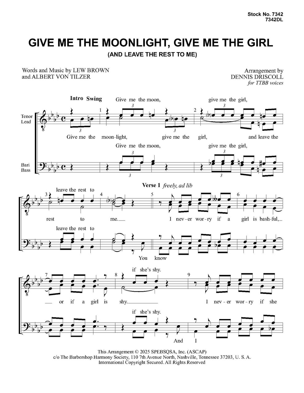 Give Me The Moonlight, Give Me The Girl (TTBB) (arr. Driscoll)