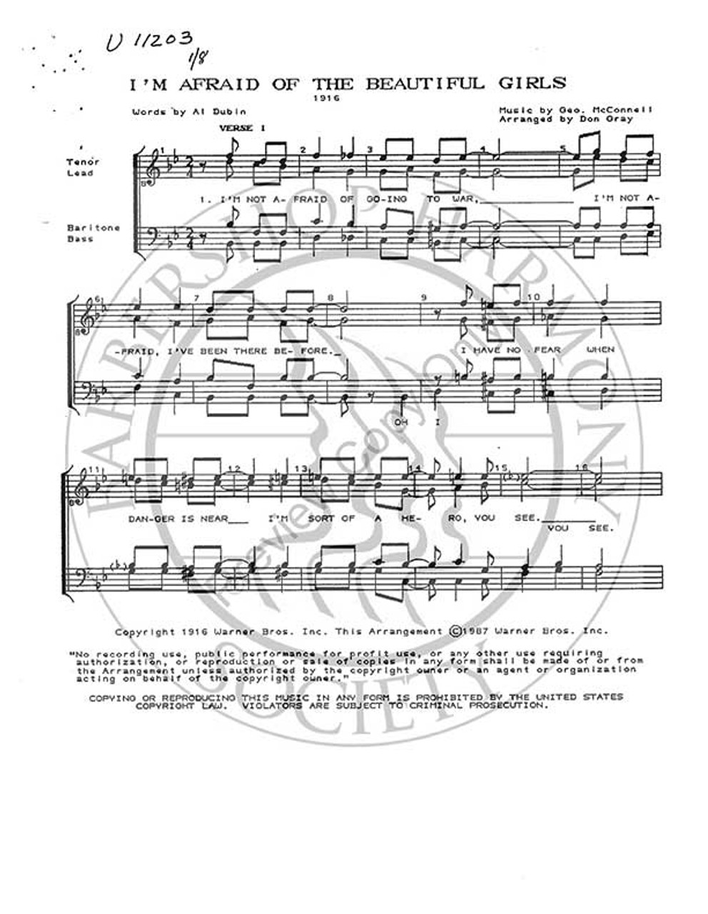 I'm Afraid Of The Beautiful Girls (TTBB) (arr. Don Gray)-UNPUB