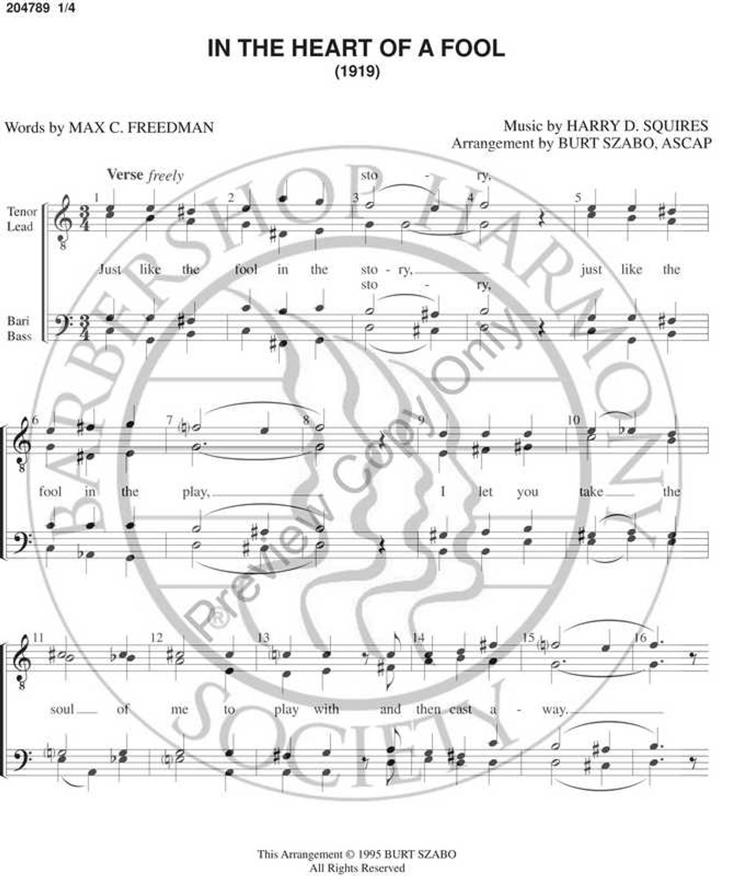 In The Heart Of A Fool (TTBB) (arr. Burt Szabo)-UNPUB