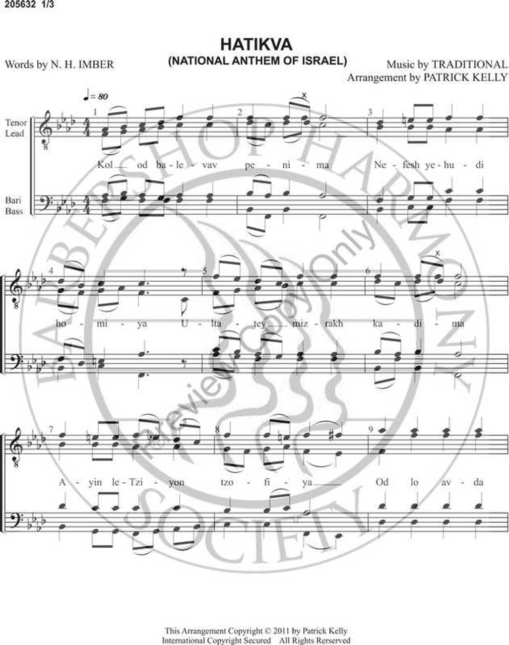 Hatikva (National Anthem of Israel) (TTBB) (arr. Patrick Kelly)-Download-UNPUB