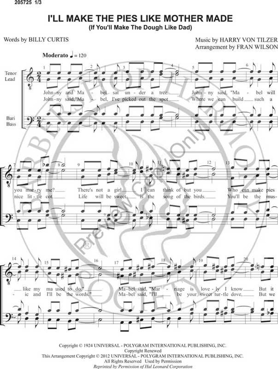 I'll Make The Pies Like Mother Made (If You'll Make The Dough Like Dad) (TTBB) (arr. Fran Wilson)-Download-UNPUB