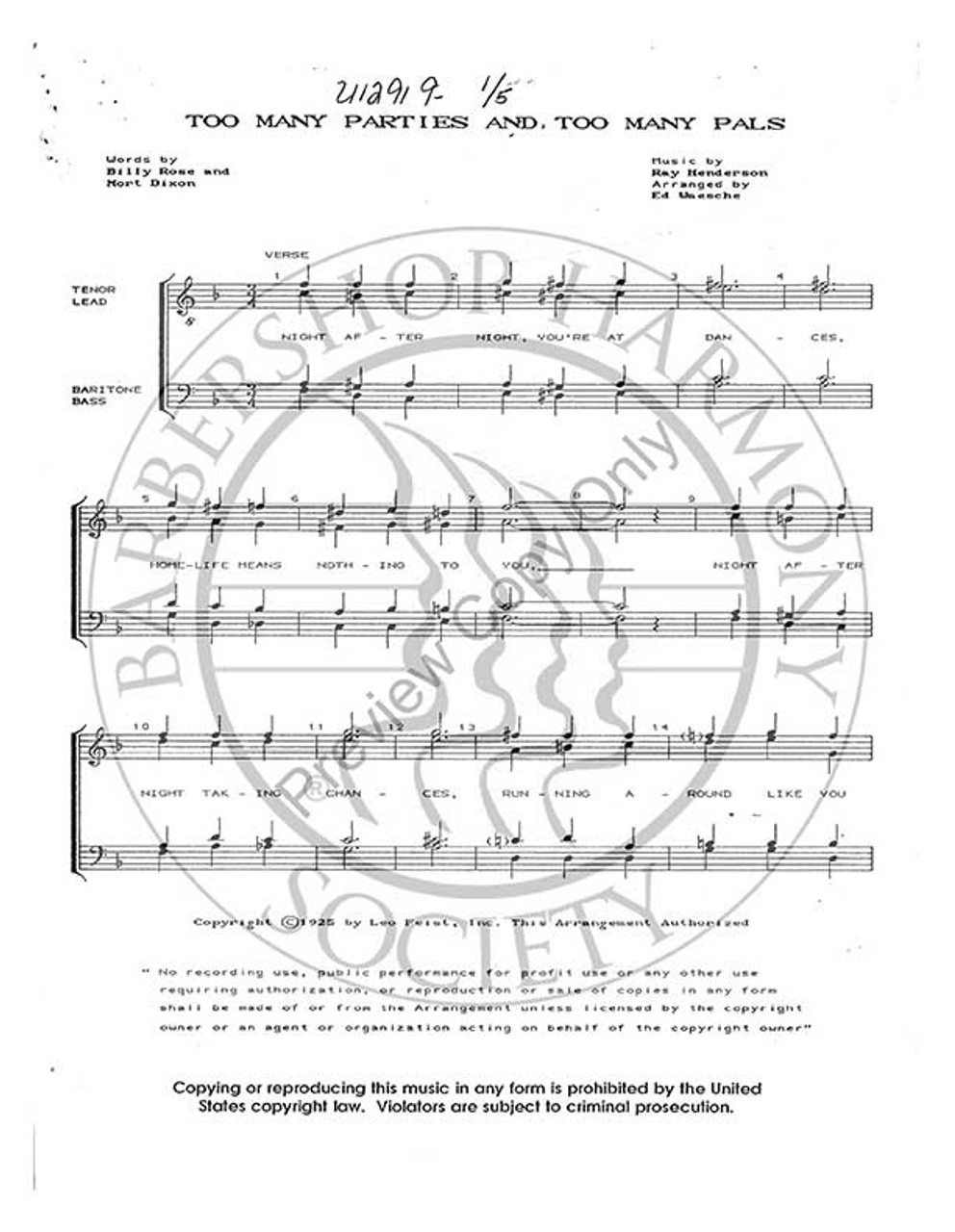 Too Many Parties And Too Many Pals (TTBB) (arr. Ed Waesche)-Download-UNPUB