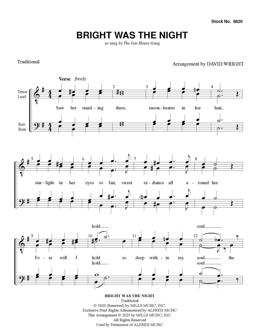 Bright Was the Night (TTBB) (arr. Wright) 