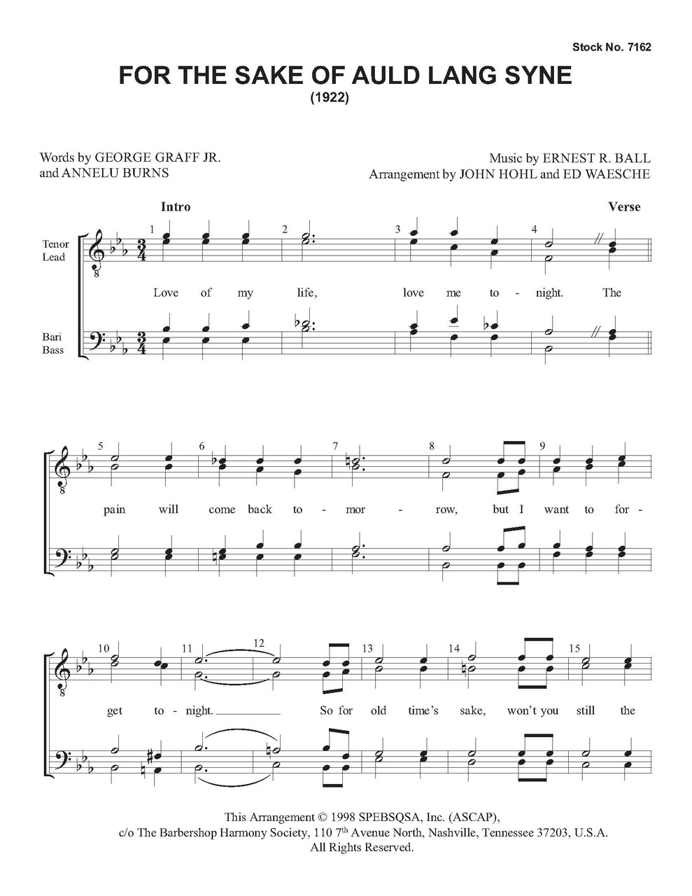 For The Sake Of Auld Lang Syne (TTBB) (arr. Hohl/Waesche)