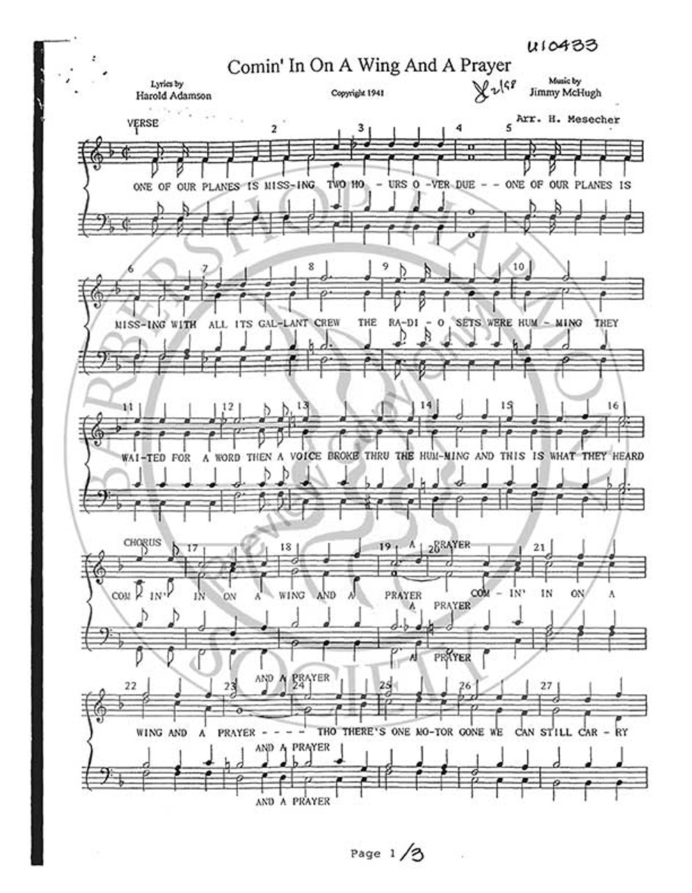 Comin' In On A Wing And A Prayer (TTBB) (arr. Howard Mesecher)-Download-UNPUB