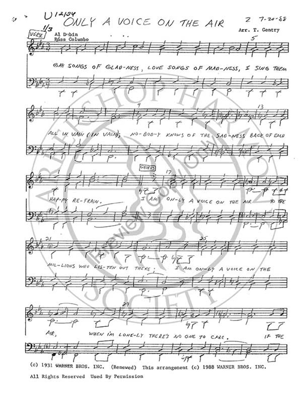 Only A Voice On The Air (SSAA) (arr. Tom Gentry)-Download-UNPUB