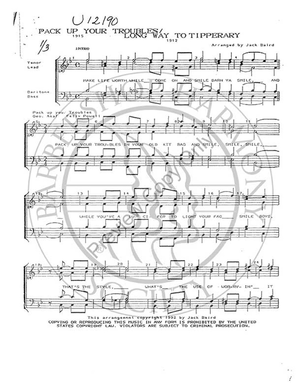 Pack Up Your Troubles/Long Way To Tipperary Medley (TTBB) (arr. Jack Baird)-Download-UNPUB
