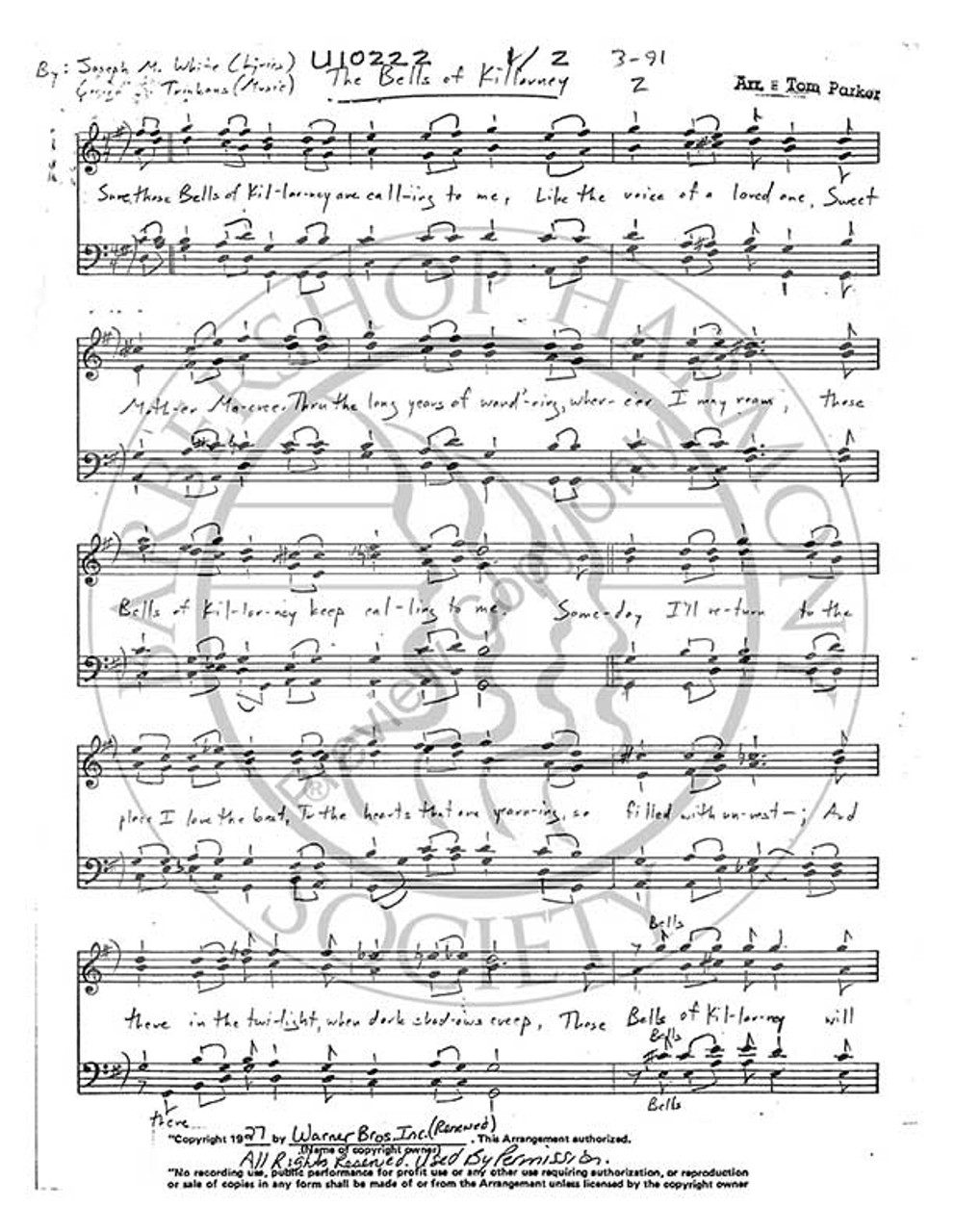 Bells Of Killarney (TTBB) (arr. Tom Parker)-Download-UNPUB