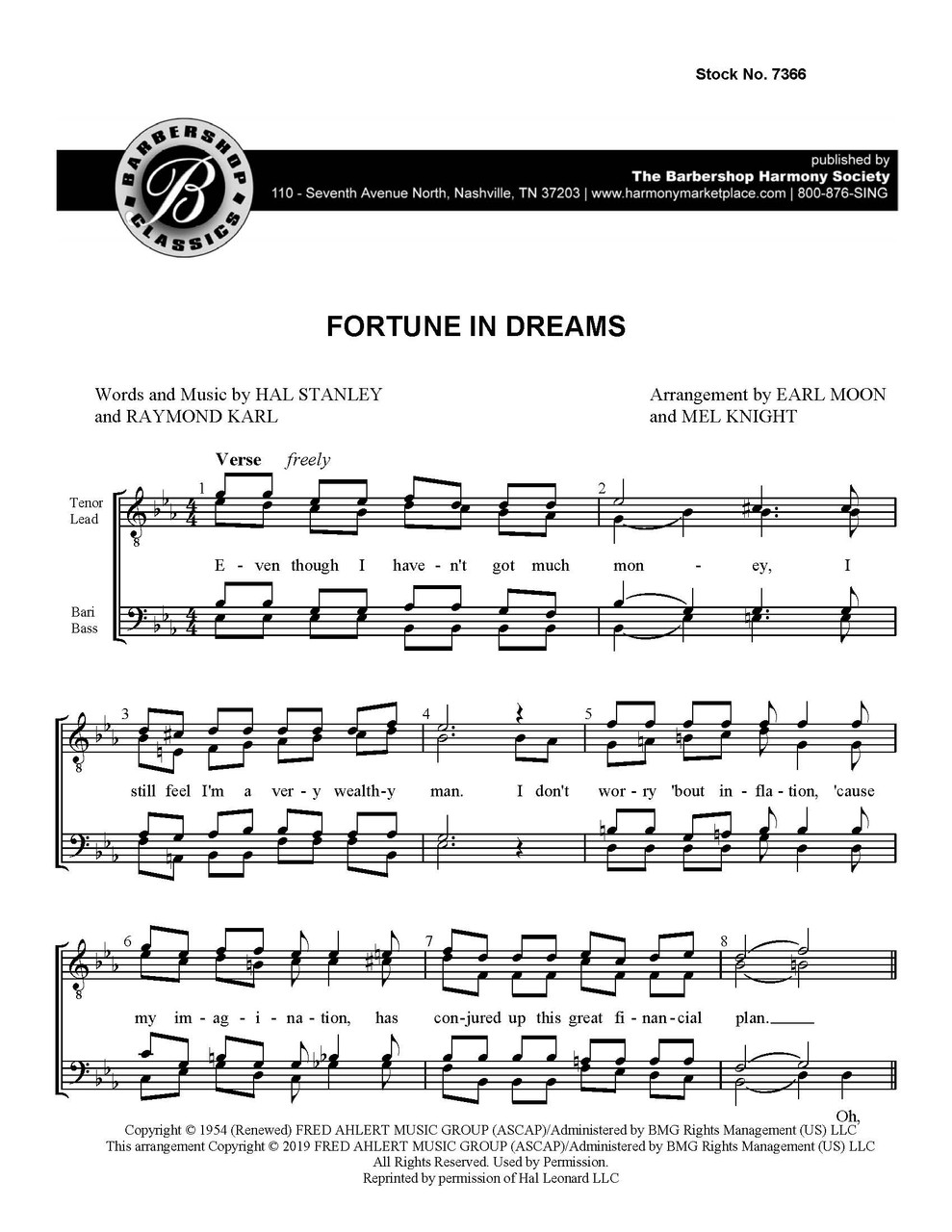 Fortune In Dreams (TTBB) (arr.  Knight/Moon)