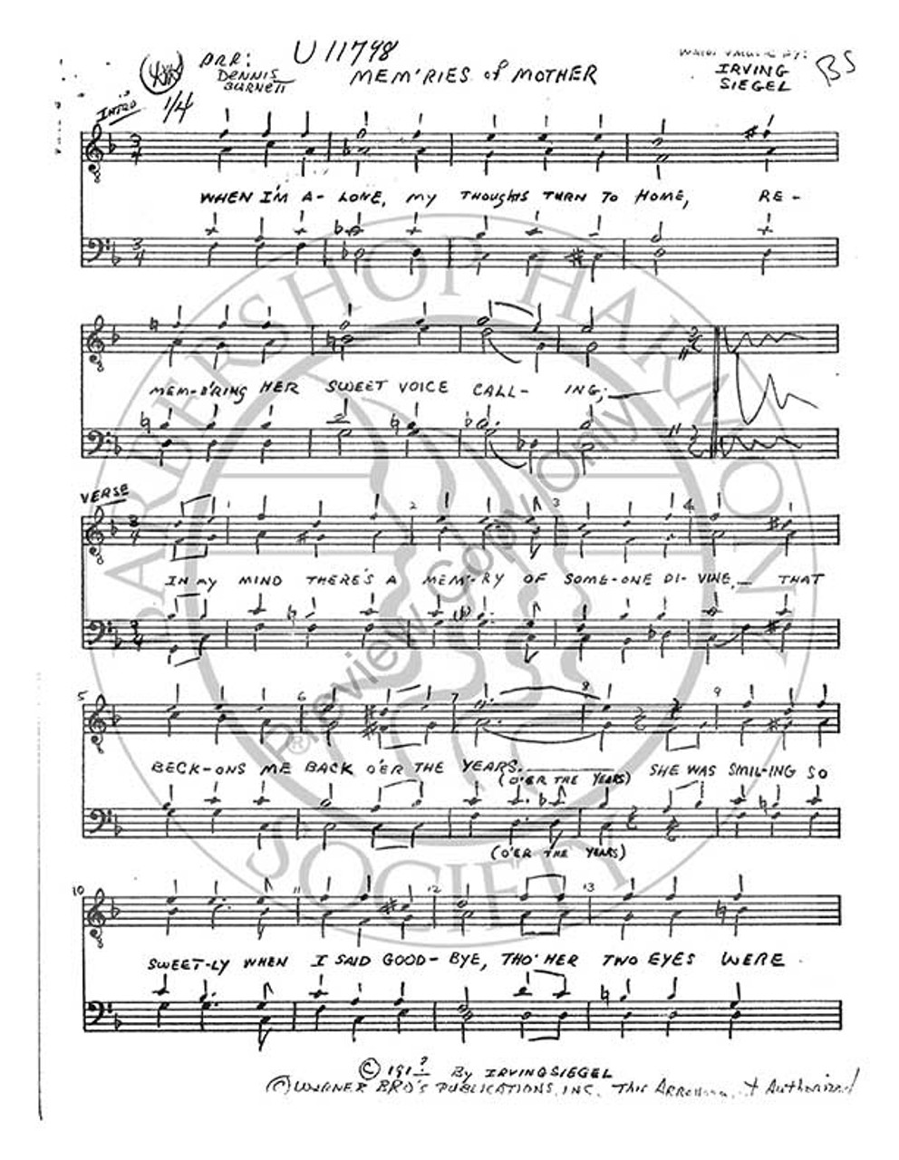 Mem'ries Of Mother (TTBB) (arr. Dennis Burnett)-Download-UNPUB