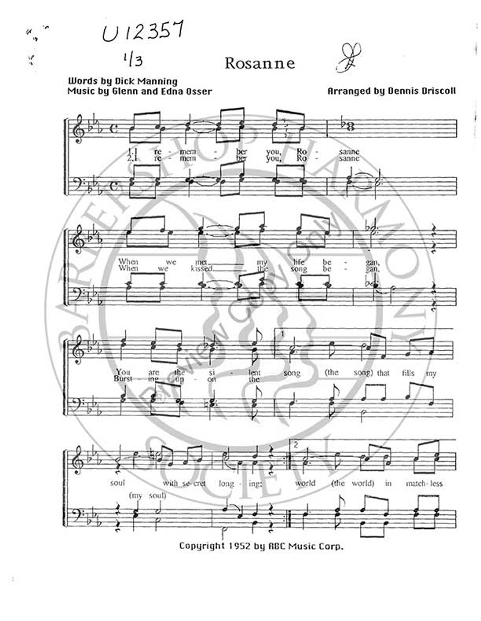 Rosanne (TTBB) (arr. Dennis Driscoll)-Download-UNPUB