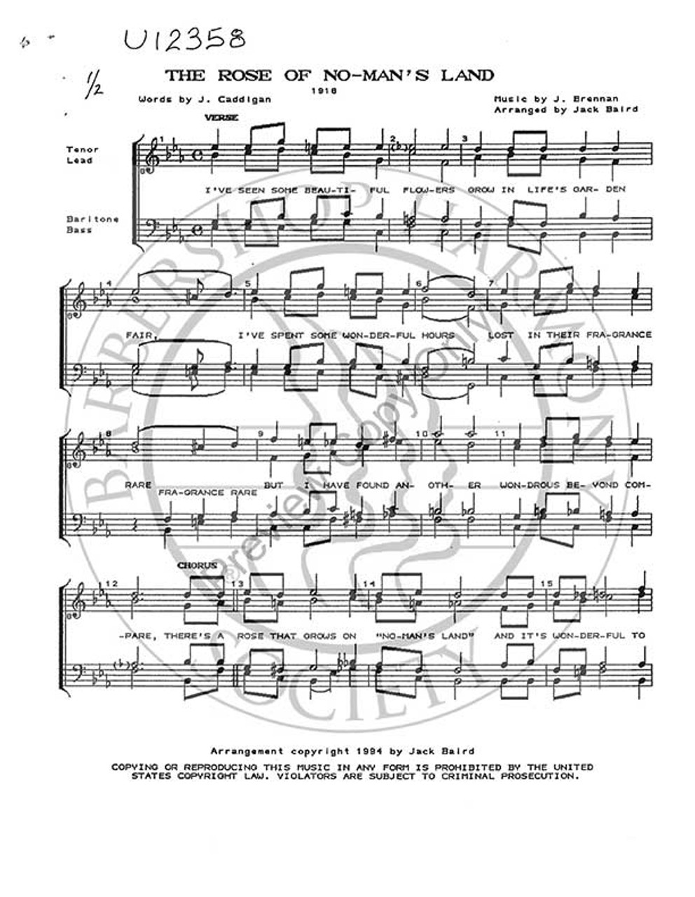 Rose Of No Man's Land (TTBB) (arr. Jack Baird)-Download-UNPUB