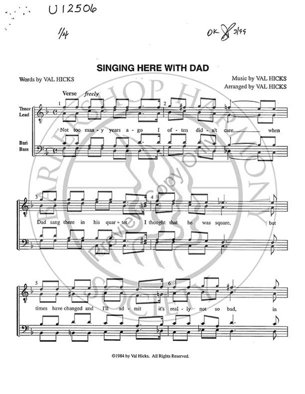 Singing Here With Dad (TTBB) (arr. Val Hicks)-Download-UNPUB