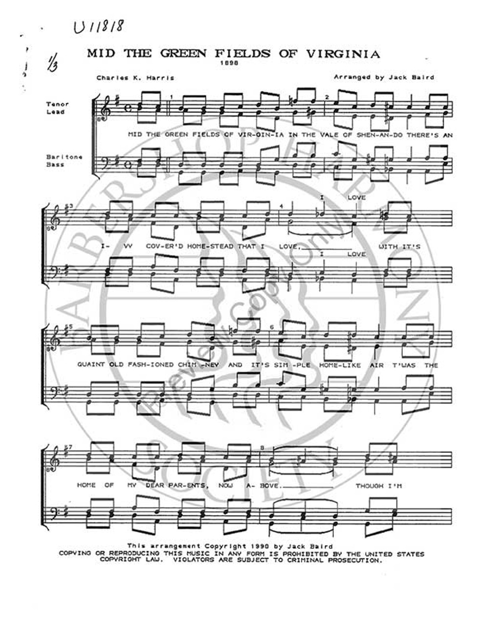 Mid The Green Fields Of Virginia (TTBB) (arr. Jack Baird)-Download-UNPUB