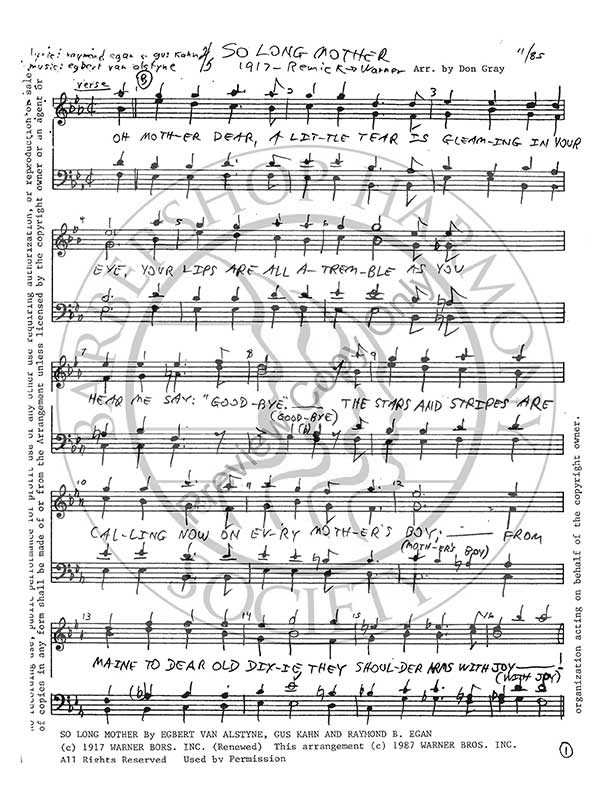 So Long Mother 2 Ttbb Arr Don Gray Download Unpub Barbershop Harmony Society