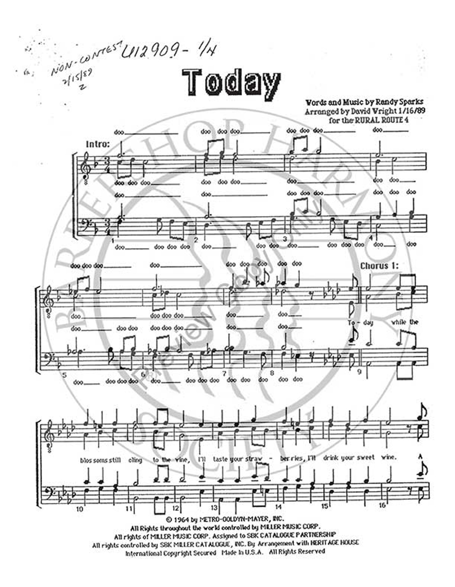 Today (TTBB) (arr. David Wright)-Download-UNPUB - Barbershop