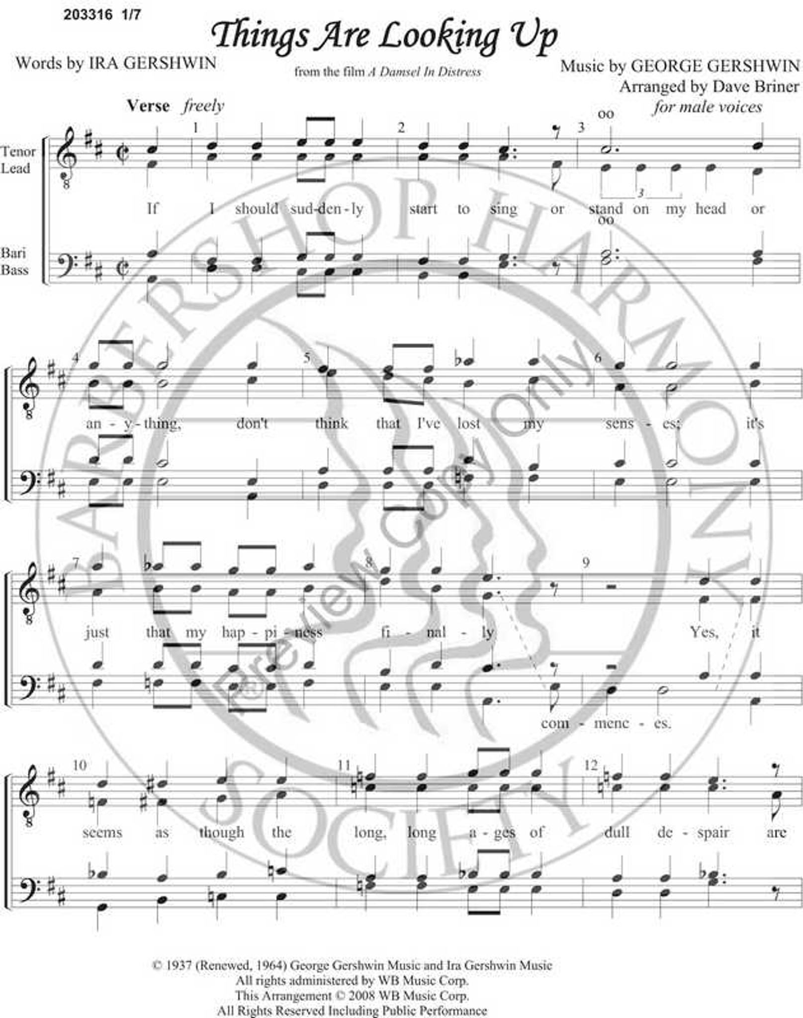 Things Are Looking Up Ttbb Arr Dave Briner Download Unpub Barbershop Harmony Society