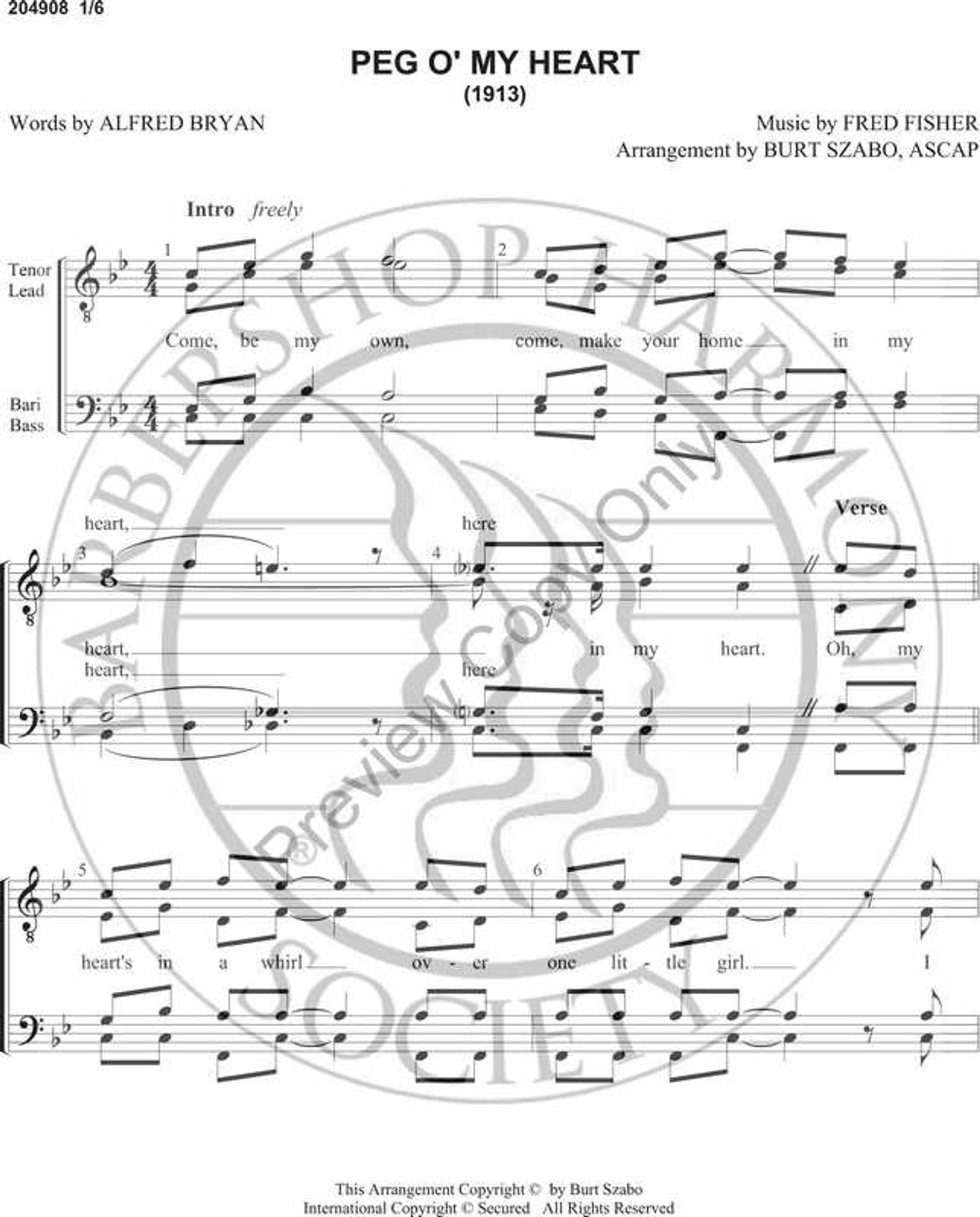 Peg O' My Heart (TTBB) (arr. Burt Szabo)Download Harmony